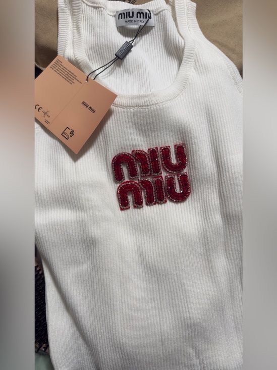 Miu Miu Tops - Miu Miu White Ribbed Tank with Red Beaded Logo